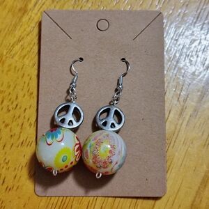 Retro Hippie Peace Sign Earrings Floral Beaded Dangle Silver Boho Handmade